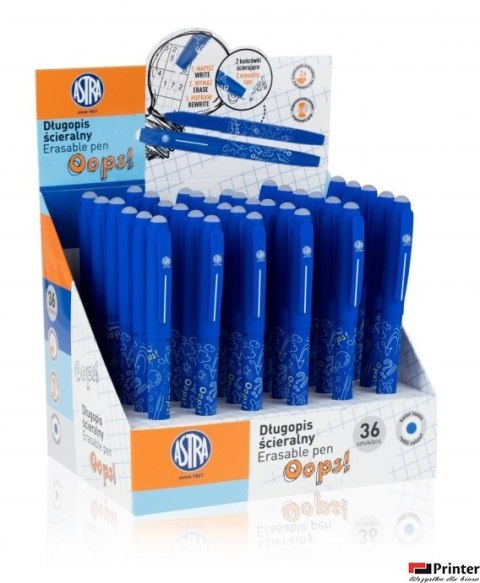 Długopis ścieralny OOPS! - niebieski display 36 sztuk ASTRA, 201319001
