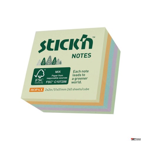 Bloczek kostka 51x51mm, pastel żół/pom/nieb/fiol/ziel, 240 k. 21888 notes