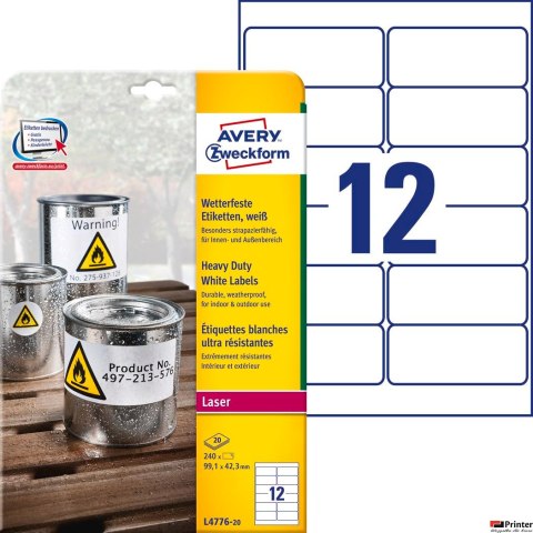 Etykiety Heavy Duty L4776-20 99,1 x 42,3 20 ark. Trwałe, białe, poliestrowe, Avery Zweckform SALE