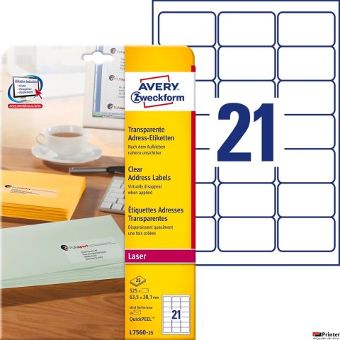 Etykiety adresowe L7560-25 63,5 x 38,1 25 ark przezroczyste, Avery Zweckform