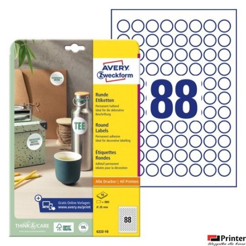 Etykiety o nietypowych kształtach, A4, 10 ark./op., Q20 mm, okrągłe, trwałe, AVERY ZWECKFORM, 6222.10.01