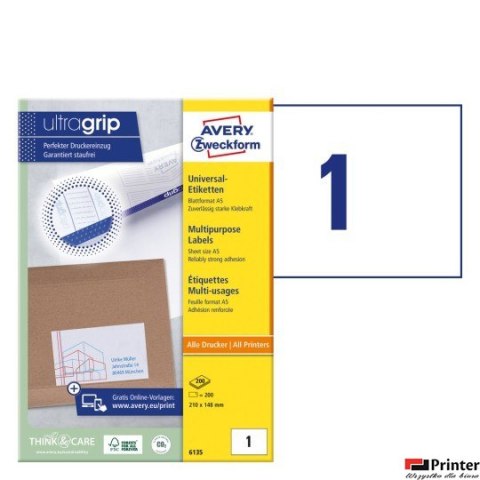 Etykiety uniwersalne 6135 210 x 148 200ark A5 Trwałe, Avery Zweckform