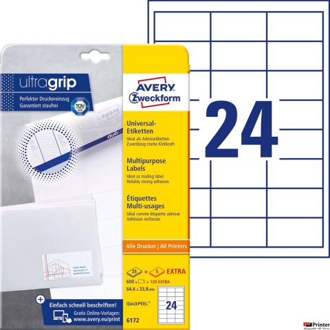Etykiety uniwersalne 6172 64,6 x 33,8 30 ark. Trwałe, białe Avery Zweckform