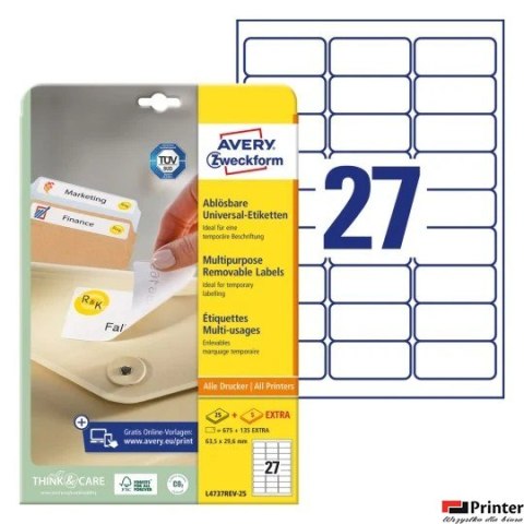 Etykiety uniwersalne L4737REV-25 63,5x29,6 30ark Usuwalne, Avery Zweckform