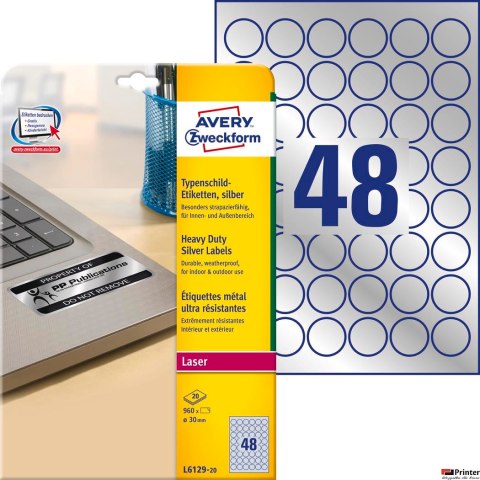 Etykiety znamionowe L6129-20 Q30 20 ark srebrne, poliestrowe, Avery Zweckform