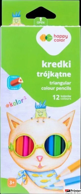 Kredki drewniane, szkolne, trójkątne, 12 kol. KOLOR2, Happy Color