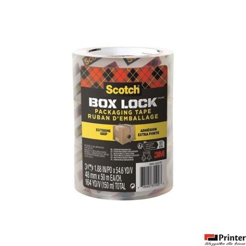 Taśma pakowa Scotch® Box Lock™, transparentna, 48mm x 50m, 3 rolki/opakowanie 7100262924