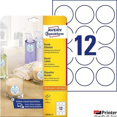 Etykiety o nietypowych kształtach, A4, 10 ark./op., Q60 mm, białe, AVERY ZWECKFORM, L3416-10