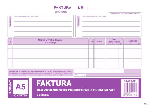203-3E Faktura dla podatników zwolnionych z VAT A5 (o+1k) MICHALCZYK