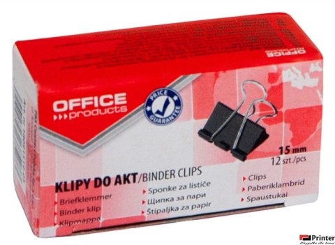 Klipy do dokumentów OFFICE PRODUCTS, 15mm, 12szt., czarne 18091519-05