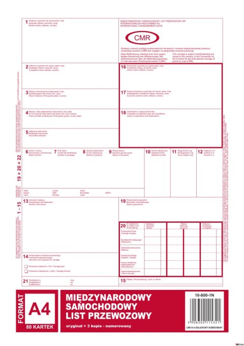 800-1N CMR A4 80kartek 1+3 numerowany międzynarodowy list przewozowy M&P