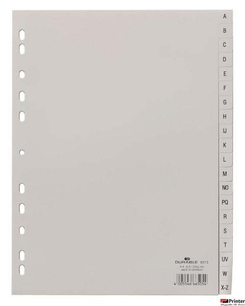 Przekładki PP A4 szare, nadruk indeks, A-Z 20 części Szary 651310 DURABLE