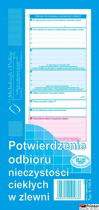 S-100-8 Potwierdzenie odbioru nieczystości ciekłych w zlewni MICHALCZYK I PROKOP