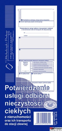 S-105-8 Potwierdzenie usługi odbioru nieczystości ciekłych oraz ich transportu do stacji zlewni 1/3 A4 MICHALCZYK I PROKOP