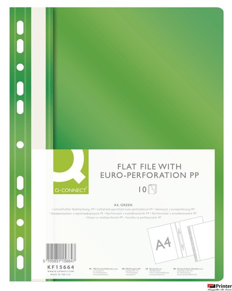 Skoroszyt Q-CONNECT, PP, A4, standard, 120/170mikr., wpinany, zielony KF15664