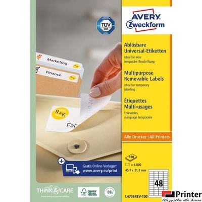 Usuwalne etykiety uniwersalne, A4, 100 ark./op., 210 x 297 mm, białe, AVERY ZWECKFORM, L4735REV-100