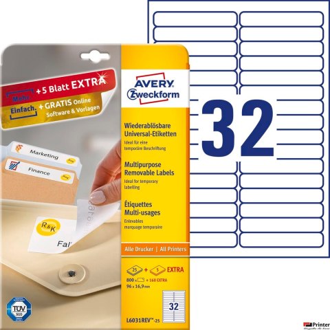 Etykiety uniwersalne L6031REV-25 96 x 16,9 30ark Usuwalne, Avery Zweckform
