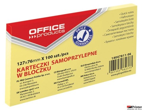Bloczek samoprzylepny , 127x76mm, 1x100 kart., pastel, jaznożółty, typu OFFICE PRODUCTS 14047811-06
