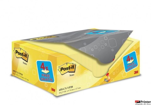 Bloczek samoprzylepny POST-IT_ (655CY-VP20), 127x76mm, (16+4)x100 kart., żółte, 4 bloczki GRATIS