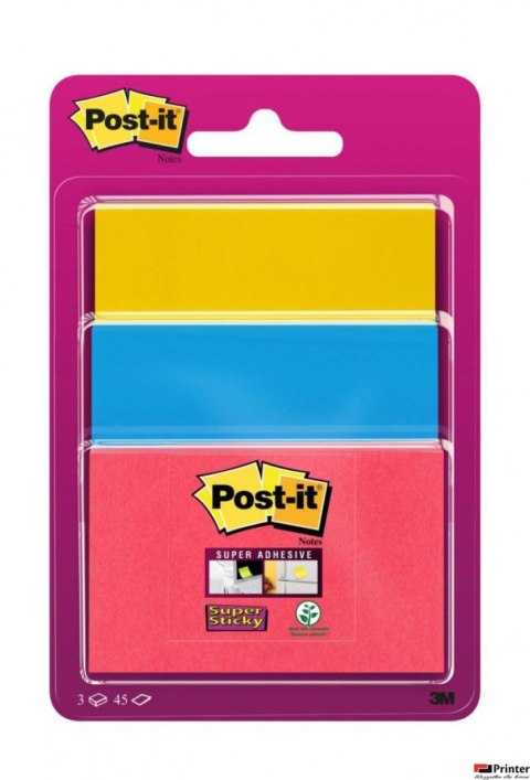 Bloczek samoprzylepny POST-IT_ Super Sticky (3432SS3-BYP-EU), 47,6x47,6mm, 3x45 kart., zawieszka, mix kolorów