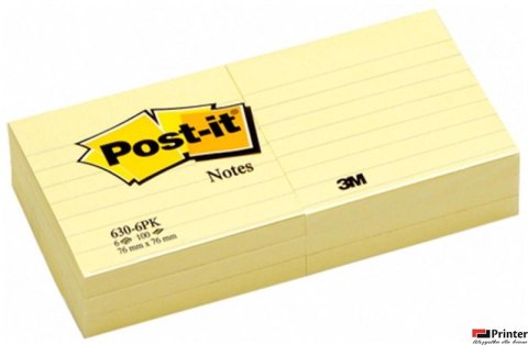 Bloczek samoprzylepny POST-IT_ w linie (630-6PK), 76x76mm, 6x100 kart., żółty (X)