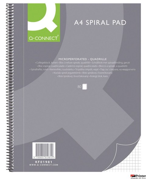Kołonotatnik Q-CONNECT, A4, w kratkę, 80 kart., 70gsm, perforacja KF01981