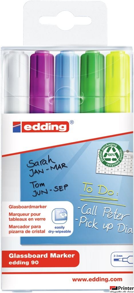 Marker EDDING do tablic szklanych biały + mix kolorów, etui 5 szt. 90/5s/049/b ed suchościeralny