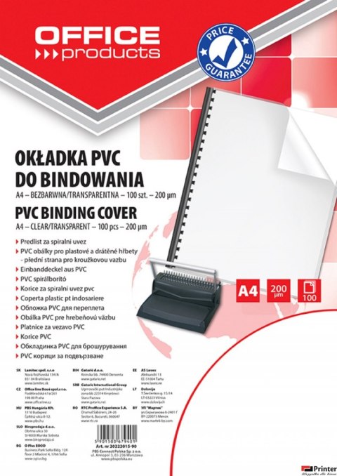 Okładki do bindowania , PVC, A4, 200mikr., 100szt., transparentne, typu OFFICE PRODUCTS 20222015-90