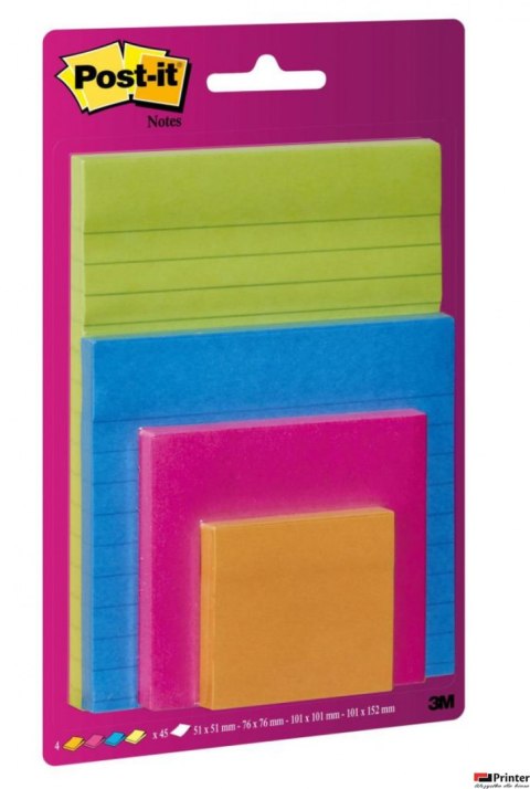 Bloczek samoprzylepny POST-IT_ Super Sticky (4622-SSEU), mix rozmiarów, 4x45 kart., zawieszka, mix kolorów