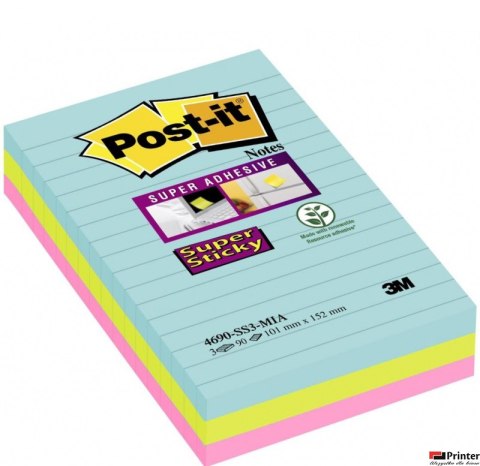 Bloczek samoprzylepny POST-IT_ Super Sticky w linie (4690-SS3MIA), 101x152mm, 3x90 kart., paleta Miami