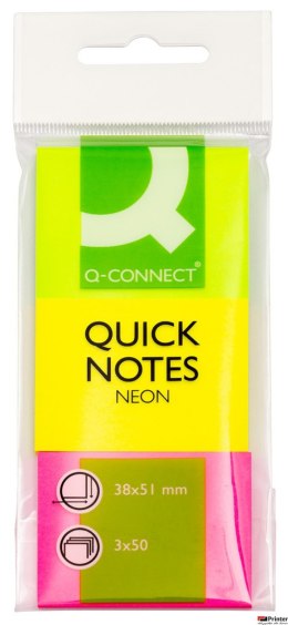 Bloczek samoprzylepny Q-CONNECT, 38x51mm, 3x50 kart., neon, mix kolorów KF01224