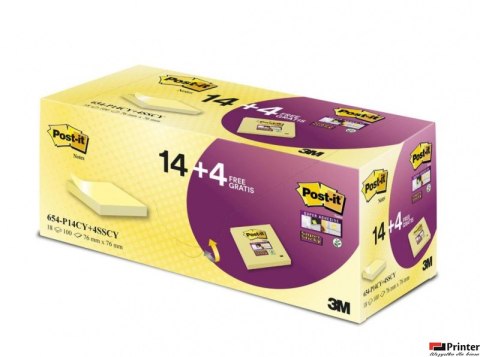 Karteczki samoprzylepne POST-IT_ (654-P14CY+4SSCY), 76x76mm, 14+4x90 kart., żółte, GRATIS