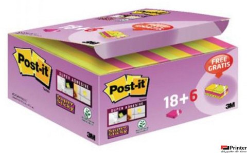 Karteczki samoprzylepne POST-IT_ Super Sticky (622-P24SSCOL), 47,6x47,6mm, 18+6x90 kart., mix kolorów, GRATIS