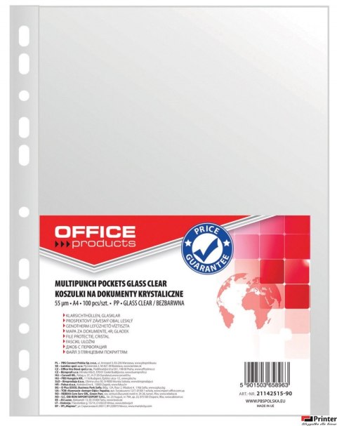 Koszulki na dokumenty , PP, A4, krystal, 55mikr., 100szt., typu OFFICE PRODUCTS 21142515-90