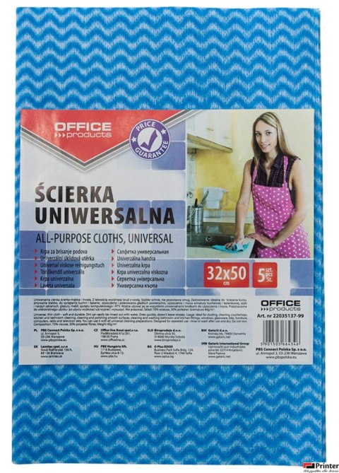 Ścierka uniwersalna , wiskoza 70%, gr. 40g/mkg, 32x50cm, 5szt., niebieska, typu OFFICE PRODUCTS 22035137-99