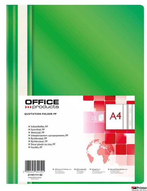Skoroszyt , PP, A4, miękki, 100/170mikr., zielony, typu OFFICE PRODUCTS 21101111-02