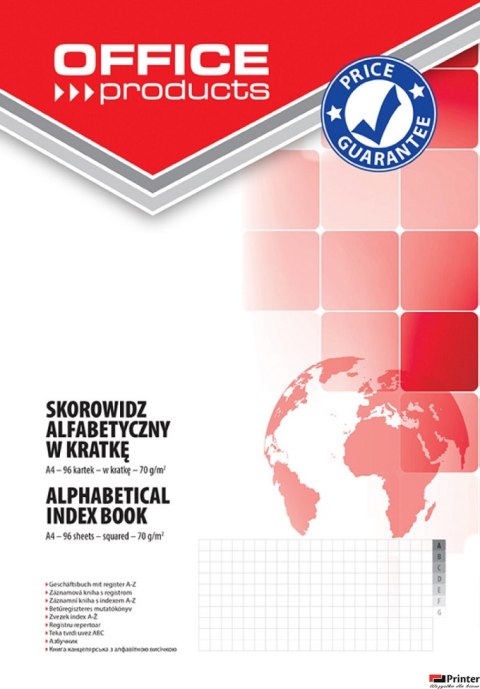 Skorowidz , A4, w kratkę, alfabetyczny, twarda okładka, 96 kart., 70gsm, typu OFFICE PRODUCTS 16061131-99