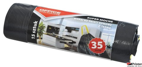 Worki na śmieci domowe z taśmą , super mocne (LDPE), 35l, 15szt., czarne, typu OFFICE PRODUCTS 22023218-05