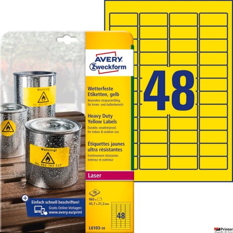 Etykiety Heavy Duty L6103-20 45,7 x 21,2 20 ark Avery Zweckform, żółte, poliestrowe