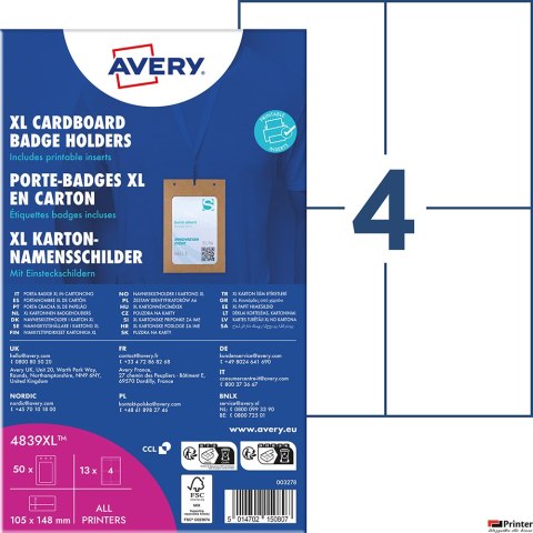 Holdery na identyfikatory A6 tekturowe, 105 _ 148 mm, opak. XL 50 szt. + 13 ark./52 wkłady 190 g/m_, brązowa tektura, 4839XL