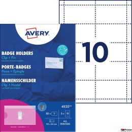 Holdery na identyfikatory z klipsem i agrafką, 54 _ 90 mm, 50 szt. + 5 ark./50 wkładów, przezroczyste holdery/białe wkłady 190 g