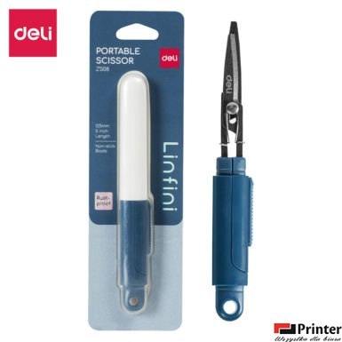 Kompaktowe nożyczki Deli EZ508 w bezpiecznym etui, niebieskie, EZ508B
