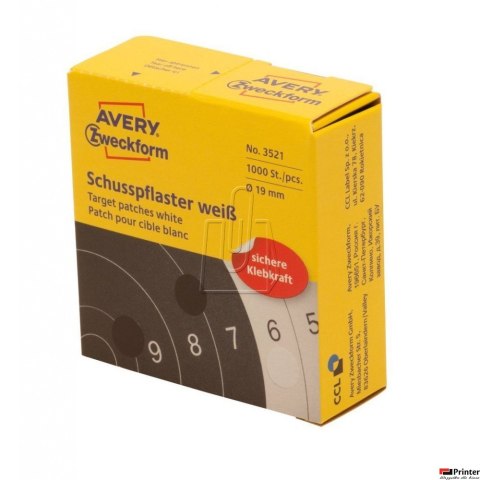 Naklejki do tarcz strzelniczych, 1000 szt./op., Q19 mm, białe, AVERY ZWECKFORM, 3521