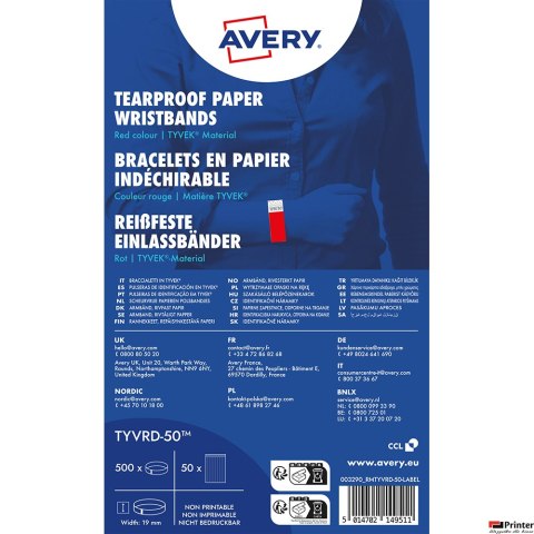 Opaski na rękę Tyvek, 256 _ 19 mm, czerwone neonowe, TYVRD_50