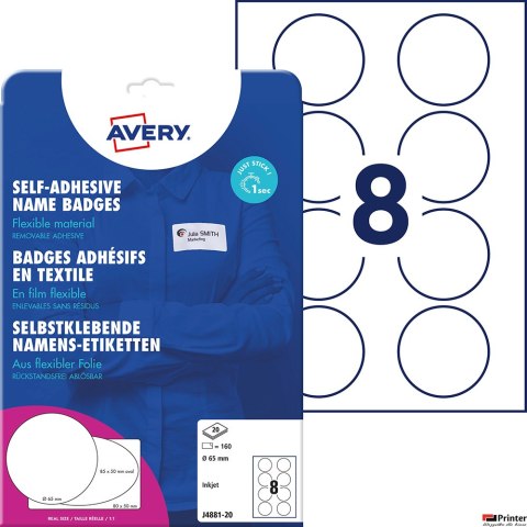 Samoprzylepne identyfikatory A4, 20 ark., okrągłe _65 mm, białe, folia, usuwalne, J4881_20, Avery Zweckform