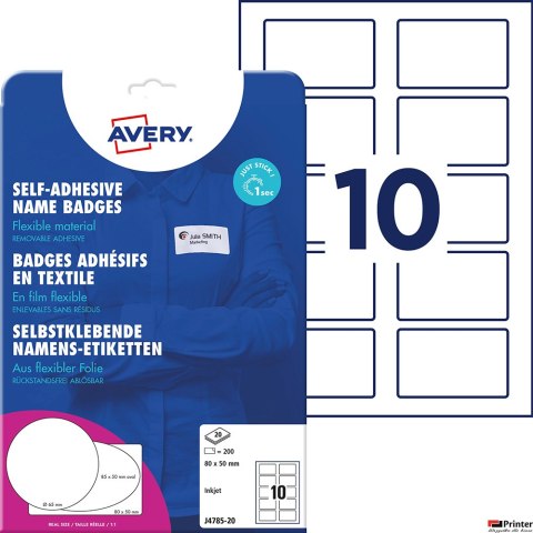 Samoprzylepny identyfikator 80 _ 50 mm, 20 ark., białe, foliowe, do zadruku, J4785_20, Avery Zweckform
