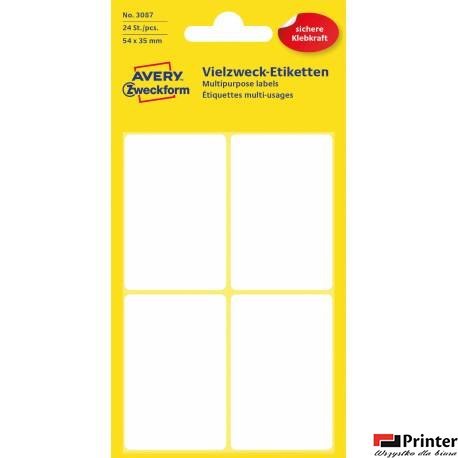 Trwałe minietykiety do opisywania ręcznego, 24 etyk./op., 54 x 35 mm, białe, AVERY ZWECKFORM, 3087