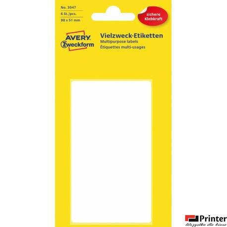 Trwałe minietykiety do opisywania ręcznego, 6 etyk./op., 98 x 51 mm, białe, AVERY ZWECKFORM, 3047