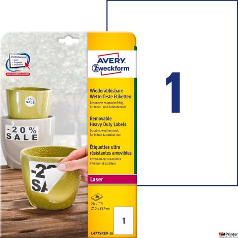 Etykiety Heavy Duty L4775REV-20 210 x 297 20 ark Avery Zweckform, białe, poliestrowe, usuwalne
