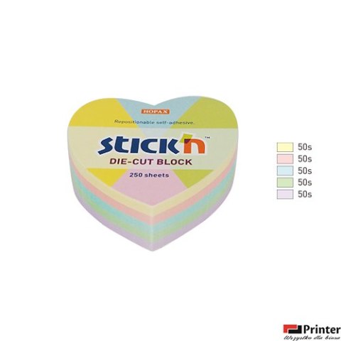 Notes serce, 64x67mm, mix 5 kol. pastelowych, 250kart. Stickn 21835